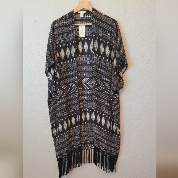 💚5/$25 NWT FV21 Boho Open Front Woven Cardigan Fringe Duster Kimono Size Medium - Picture 1 of 6